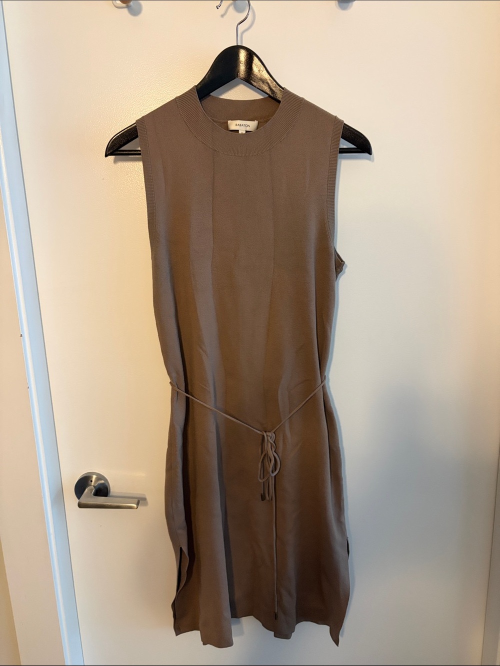 Babaton Taupe Sleeveless Tie-Waist Dress
